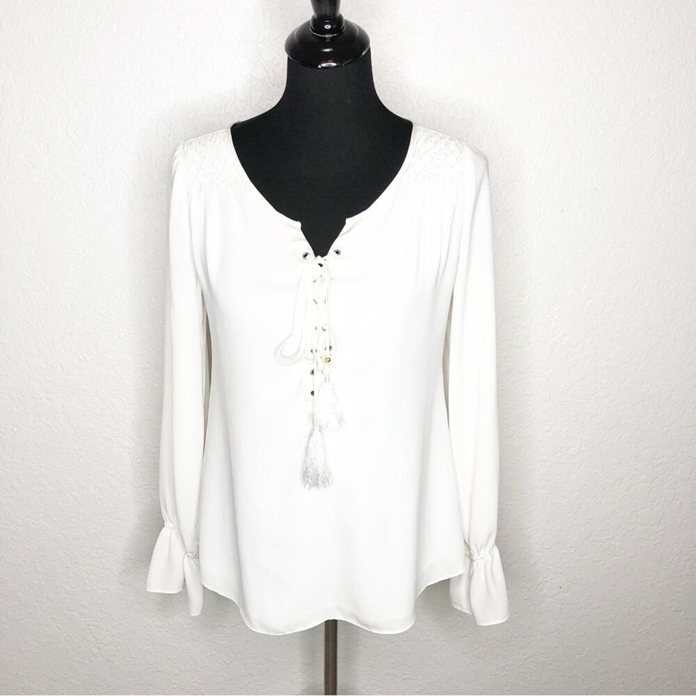 WHBM off white lace up tassel front peasant top size 2